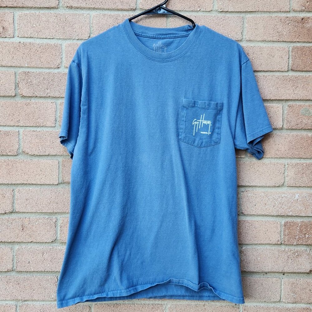Guy Harvey Large Blue Pocket Graphic Tee Fish Back Print Coastal